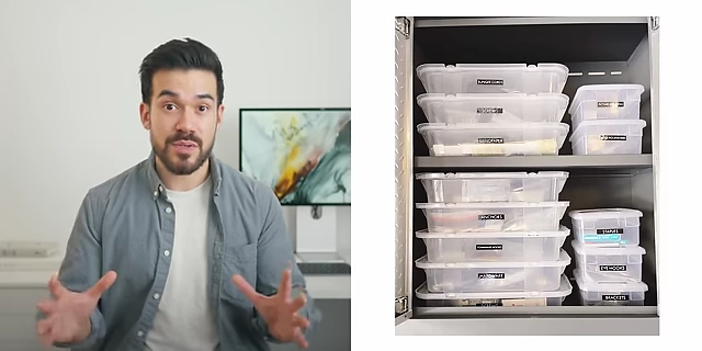 Clear storage containers with neat black labels, indicating contents like 'staples' and 'hooks'.