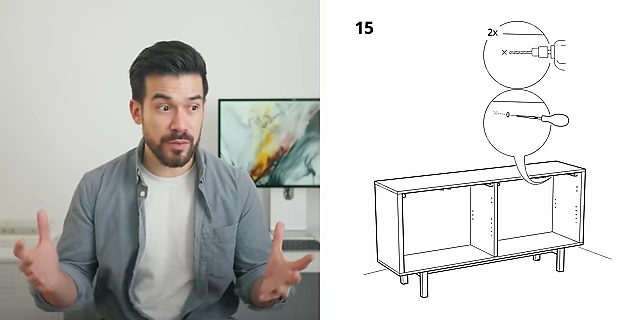 An IKEA instruction diagram illustrating how to secure a furniture piece to the wall for safety.