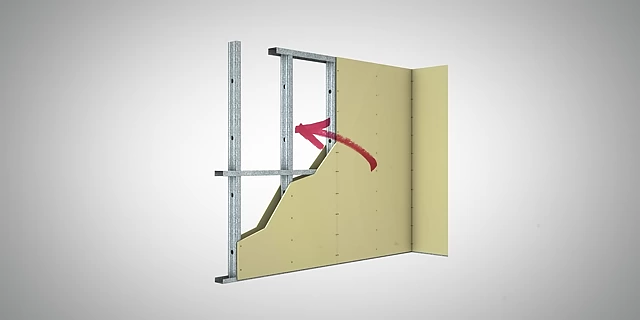 A diagram showing the internal structure of a wall, highlighting metal studs behind drywall.