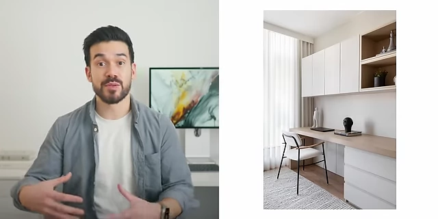 A compact home office set up with wall-mounted cabinets and a desk, maximizing vertical space.