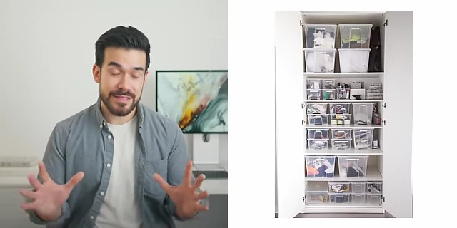 A closet organized with multiple clear storage bins on shelves, showcasing labeled containers for easy identification.