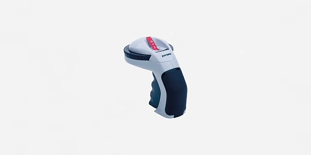 A handheld label maker, used for creating clear and consistent labels for storage containers.