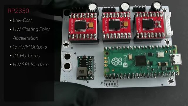 The custom electronics board featuring the RP2350 microcontroller and three TB6612 H-bridge motor drivers
