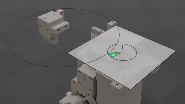 Inverse kinematic model showing the intersection of a sphere and a circle to determine the required motor angle