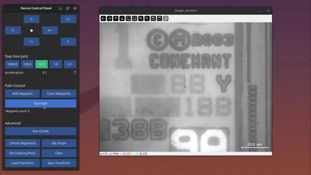 Python control panel displaying live camera feed and device controls for microscopy