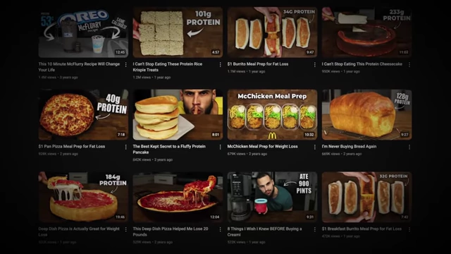 A grid of Nick's YouTube video thumbnails showcasing various low-calorie recipes.