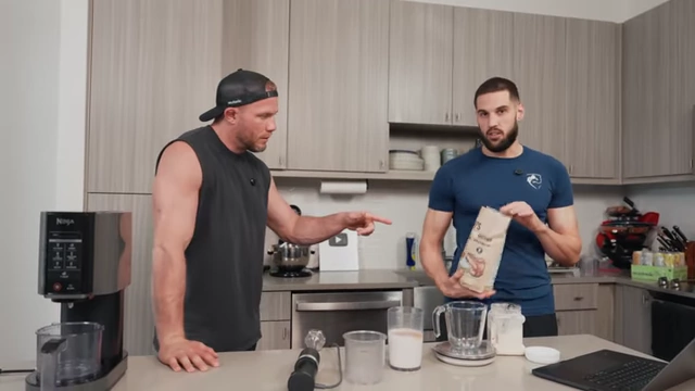 Nick holds up a bag of erythritol, a chosen sweetener for the ice cream.