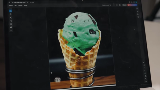 A picture from the cookbook showing a scoop of green mint chocolate chip ice cream in a waffle cone.