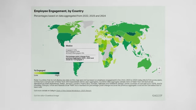 A world map illustrating employee engagement percentages by country based on data aggregated from 2022, 2023, and 2024