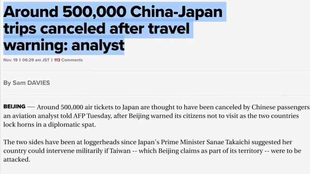 News headline: 500,000 China-Japan trips canceled after travel warning