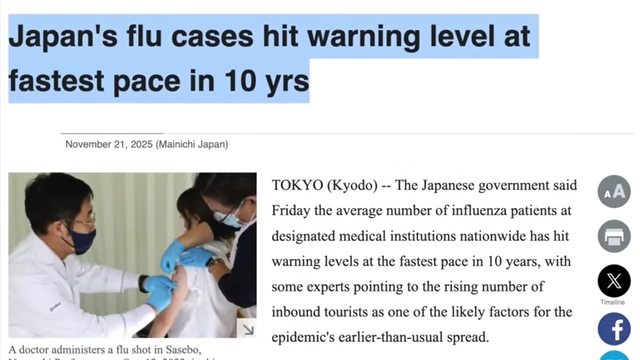 News headline about Japan's flu cases hitting warning level