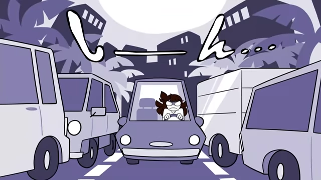 An exasperated Jaiden stuck in LA traffic in her car, unable to play music due to a Wi-Fi issue preventing a software update.