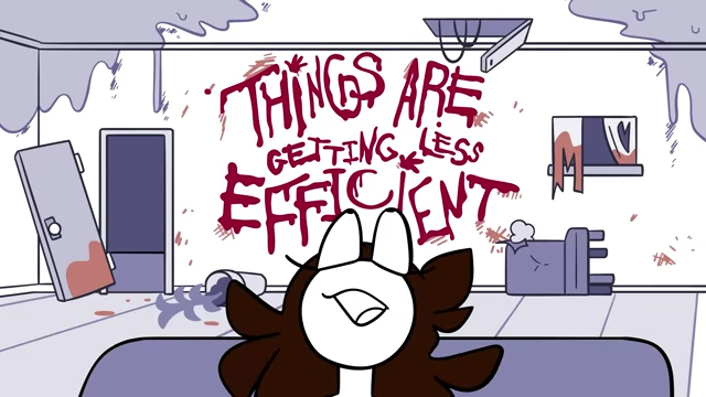 Text "Things are getting less efficient" displayed over a chaotic, messy room, illustrating Jaiden's central complaint.