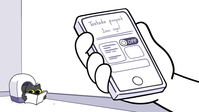 A cat in an automated litter box, with a phone displaying a notification that "Tostada pooped 1sec ago!" to activate the device.