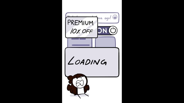 A cluttered app user interface showing "LOADING" and an intrusive "PREMIUM 10% OFF" pop-up, illustrating bad UI and monetization.