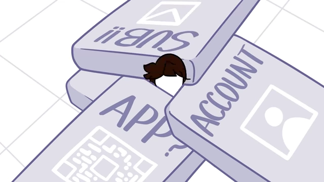 Jaiden being crushed under blocks labeled "APP?", "SUB!!", and "ACCOUNT," symbolizing the overwhelming requirements for modern devices.