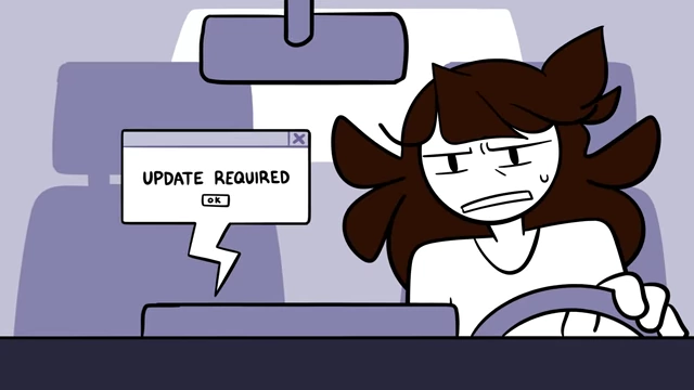 Jaiden's electric car dashboard displaying an "UPDATE REQUIRED" message, preventing music playback.