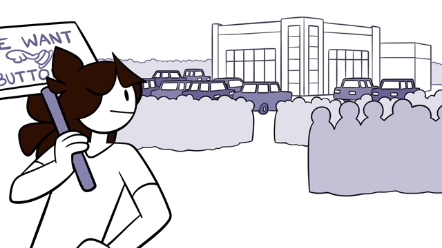 Jaiden leading a protest with a sign that reads "WE WANT BUTTONS!", demonstrating public demand for physical car controls.