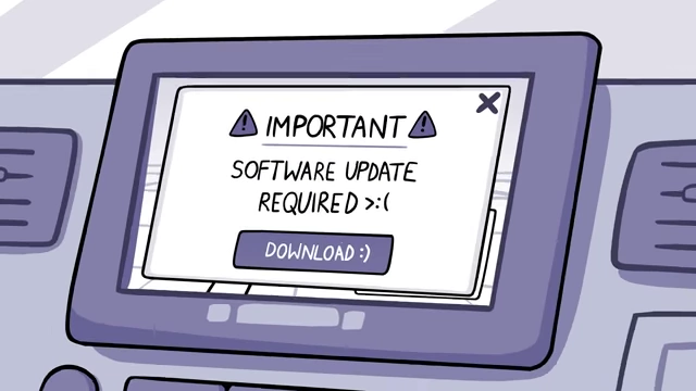 Her car's screen showing a "SOFTWARE UPDATE REQUIRED :< DOWNLOAD :)" pop-up, indicating a mandatory update.
