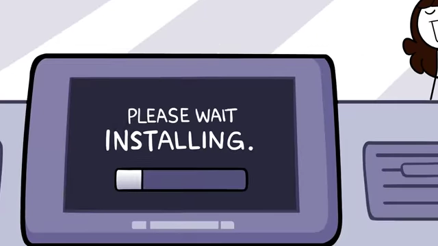 The car's screen displaying "PLEASE WAIT INSTALLING" with a progress bar, rendering the car undrivable during an urgent situation.