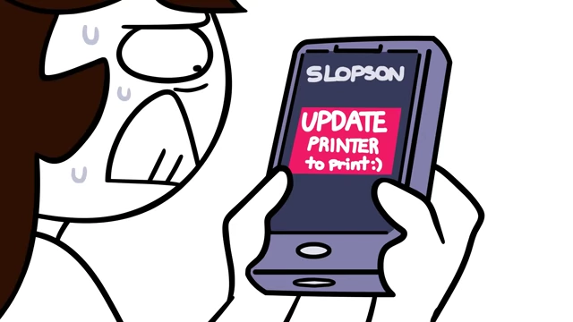 A printer engulfed in flames while a phone displays "UPDATE PRINTER to print :)", illustrating how basic functions are tied to software.