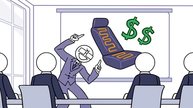 A business meeting where an executive enthusiastically pitches a "Heated Seats $" subscription model.