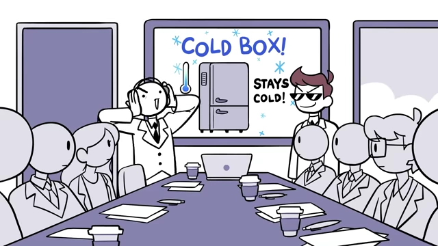 A corporate meeting where an executive proposes "locking the cold out the fridges" after an ad for a "COLD BOX! STAYS COLD!", illustrating declining product quality for profit.
