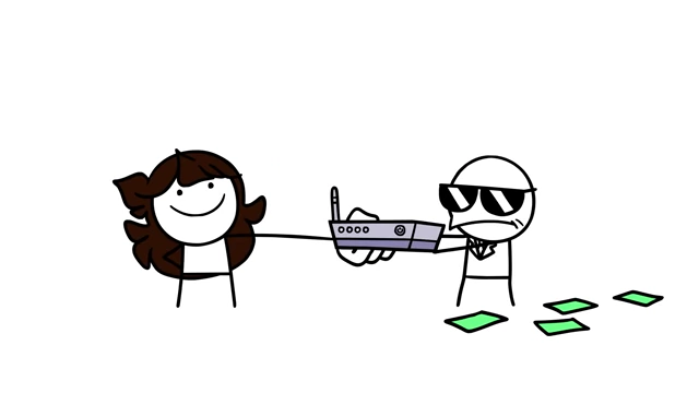 Jaiden attempting to purchase a router from a stern, sunglasses-wearing employee who holds it like a weapon, symbolizing the difficulty of simple transactions.