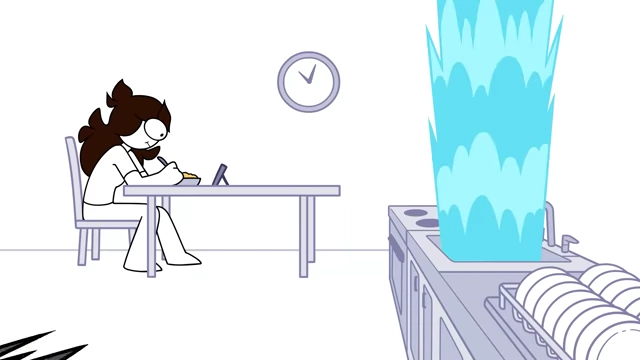 Jaiden looking at a phone while her kitchen sink overflows, indicating a plumbing emergency.