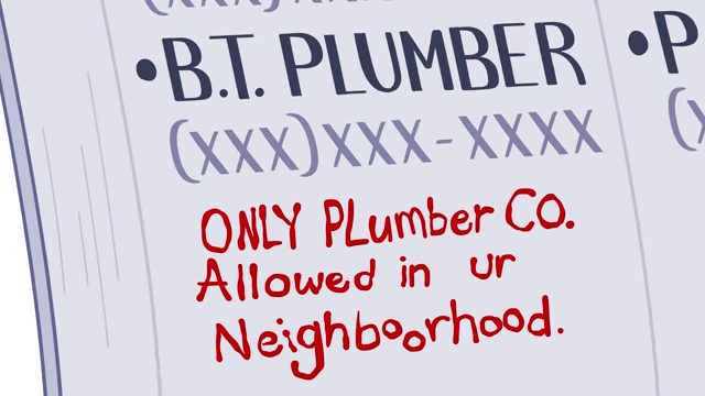 A "Yellow Pages" entry for "B.T. PLUMBER" with a note indicating it's the "ONLY Plumber Co. Allowed in ur Neighborhood."