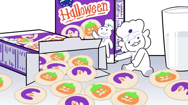 A box of Pillsbury Halloween cookies with festive pumpkin and ghost designs.