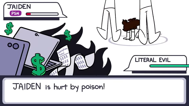 A "Pokémon"-style battle screen showing "JAIDEN is hurt by poison!" and "LITERAL EVIL" with money and subscription bills, illustrating predatory consumerism.