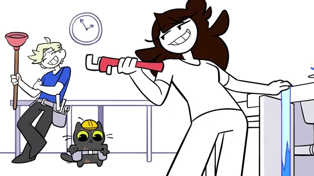 Jaiden, Jacob, and her cat smiling while working together to fix an overflowing sink with a wrench and plunger, symbolizing taking control and solving problems.