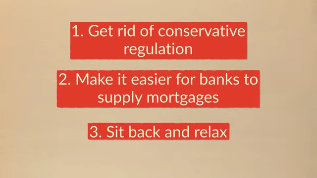 A red background slide listing three steps to start a housing bubble: "1. Get rid of conservative regulation", "2. Make it easier for banks to supply mortgages", and "3. Sit back and relax."