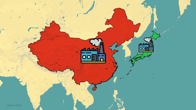 A map of China and Japan with factory icons, illustrating their status as manufacturing powerhouses.