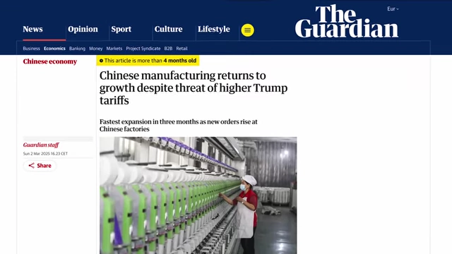 An article headline states that Chinese manufacturing returns to growth despite the threat of higher Trump tariffs.