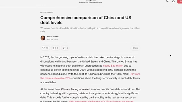 An article headline compares China and US debt levels, highlighting challenges for both.
