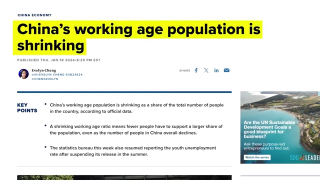 An article headline warns that China's working-age population is shrinking.