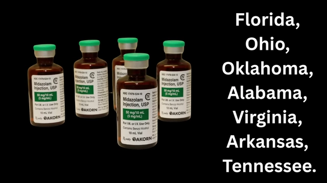 Vials of Midazolam with a list of seven U.S. states still using it for executions
