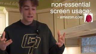 A visual overlay showing "non-essential screen usage" including amazon.com and email, representing a breach of the rules.