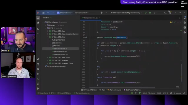 Code snippet from `PersonService.cs` demonstrating validation and business logic spread across service methods in a DTO-centric approach