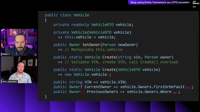 Example code showing a 'wrapper' `Vehicle` class encapsulating a private `VehicleDTO` and exposing object-oriented methods