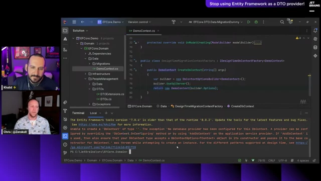 Code for `IDesignTimeDbContextFactory` to enable EF Core tools to create a `DbContext` for design-time operations