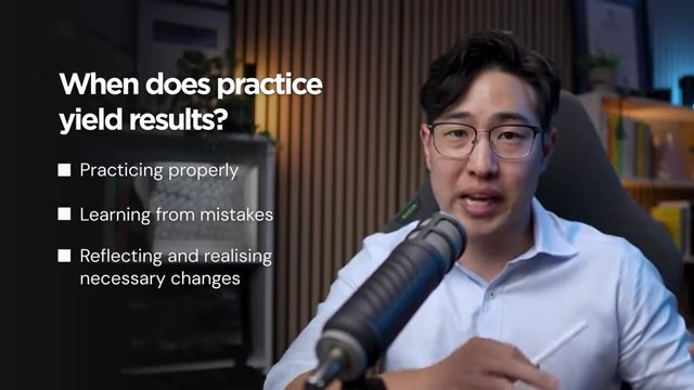 A list detailing the conditions under which practice yields results, emphasizing proper technique, learning from errors, and reflective changes.