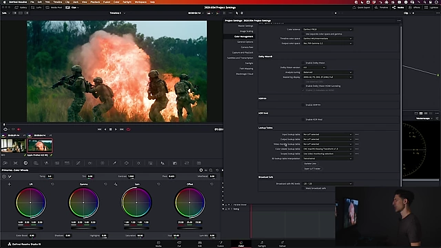 DaVinci Resolve Project Settings showing the Lookup Tables section with 3D LUT interpolation highlighted.