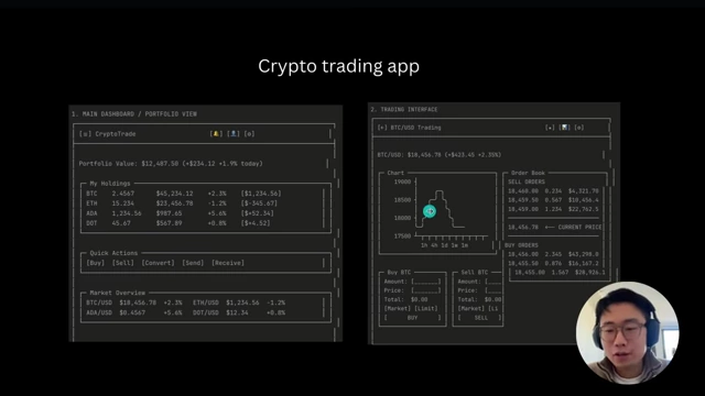 ASCII wireframes for a Crypto Trading App interface