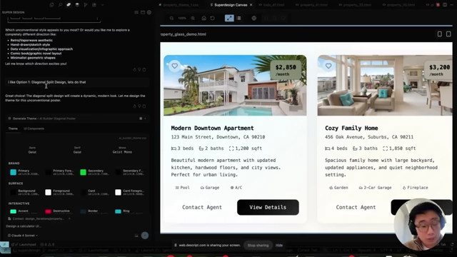 Superdesign UI previewing different theme variations for a property card