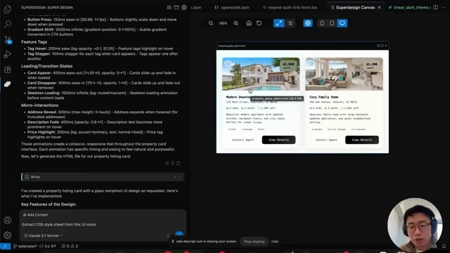 Superdesign UI displaying animation specifications and their effect on a property card