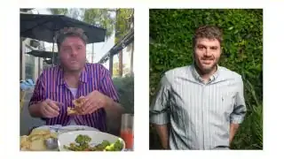 A before-and-after image of the speaker, showing his weight loss journey.