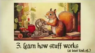 An illustration of a squirrel working on a small, intricate machine, labeled "3. Learn how stuff works (at least kind of...)".